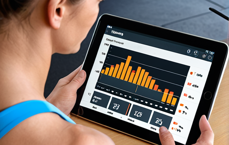 **Image:** A personal trainer using a tablet to review a client's fitness data, showing charts and graphs. Focus on the trainer's engaged expression and the clear data on the screen. Include elements like a fitness tracker or health app interface.
