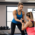 **
A modern personal trainer coaching a client in a gym. The trainer is demonstrating a HIIT exercise. Fitness apps and wearable devices are visible in the background, showing data tracking. The overall atmosphere is energetic and motivating.
**