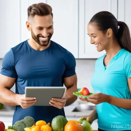 Home 16 퍼스널트레이너와 협업 가능한 직업군 - **Image Prompt: Harmonizing Fitness and Nutrition**
A vibrant, professional personal trainer, a ...