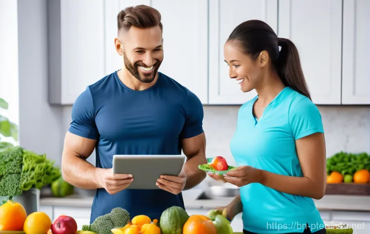 퍼스널트레이너와 협업 가능한 직업군 - **Image Prompt: Harmonizing Fitness and Nutrition**
A vibrant, professional personal trainer, a ...